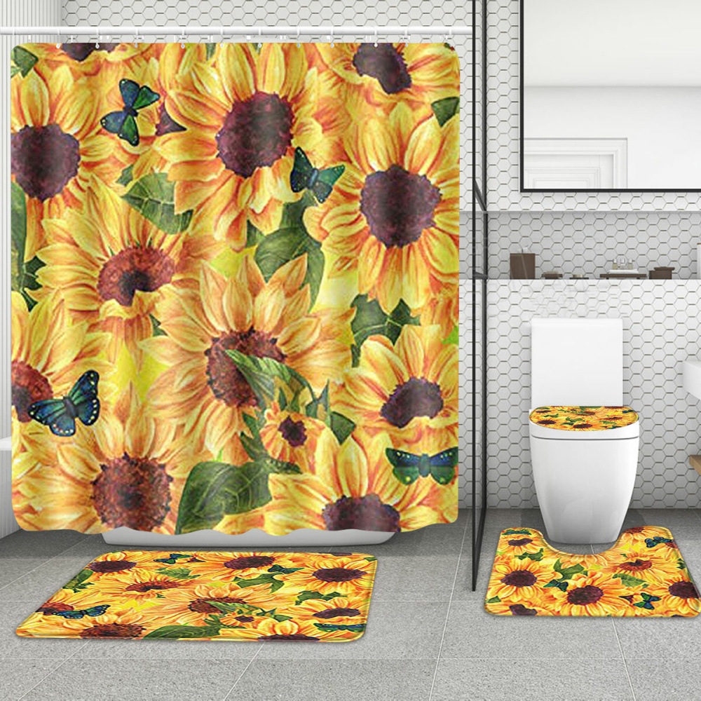 4Pcs Bathroom Mat Set Pedestal Rug Lid Toilet Cover Shower Curtain Non Slip - Type C - Image 2