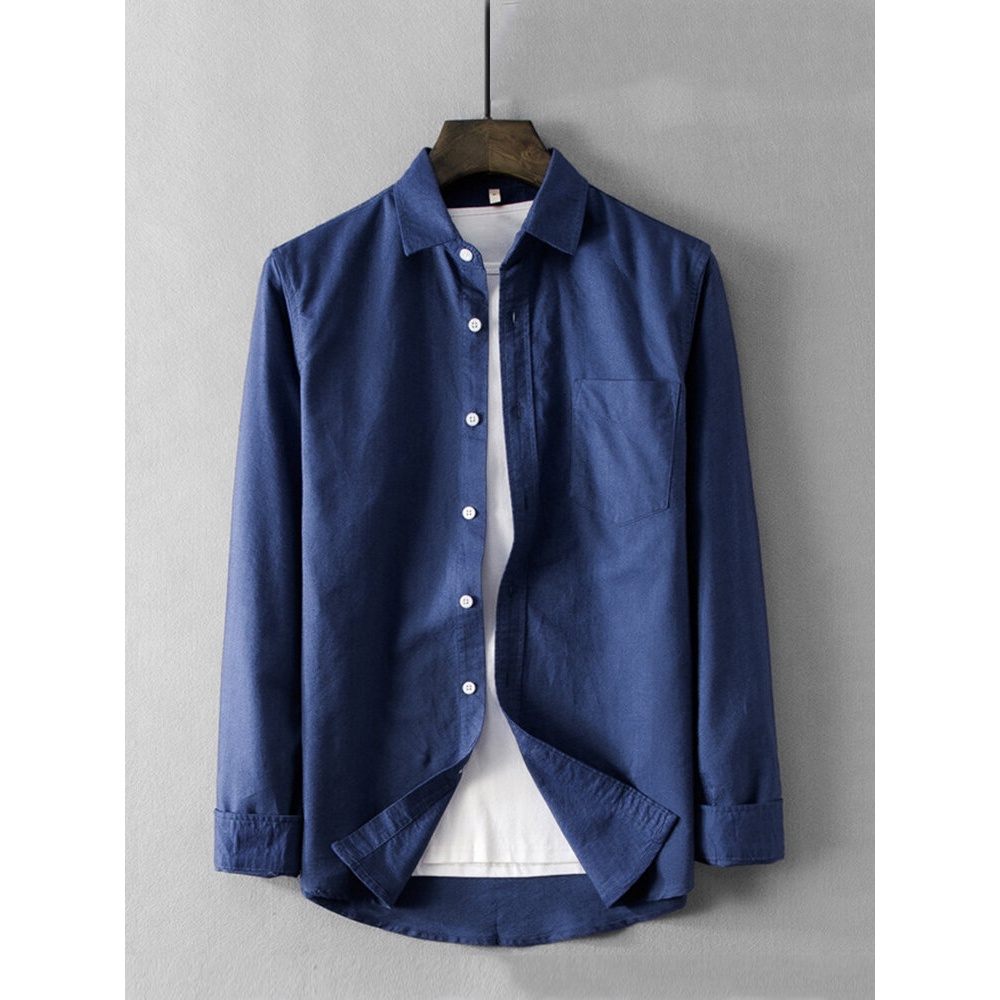 Mens Vintage Practical Pocket Solid Color Long Sleeve Casual Shirts - XL White