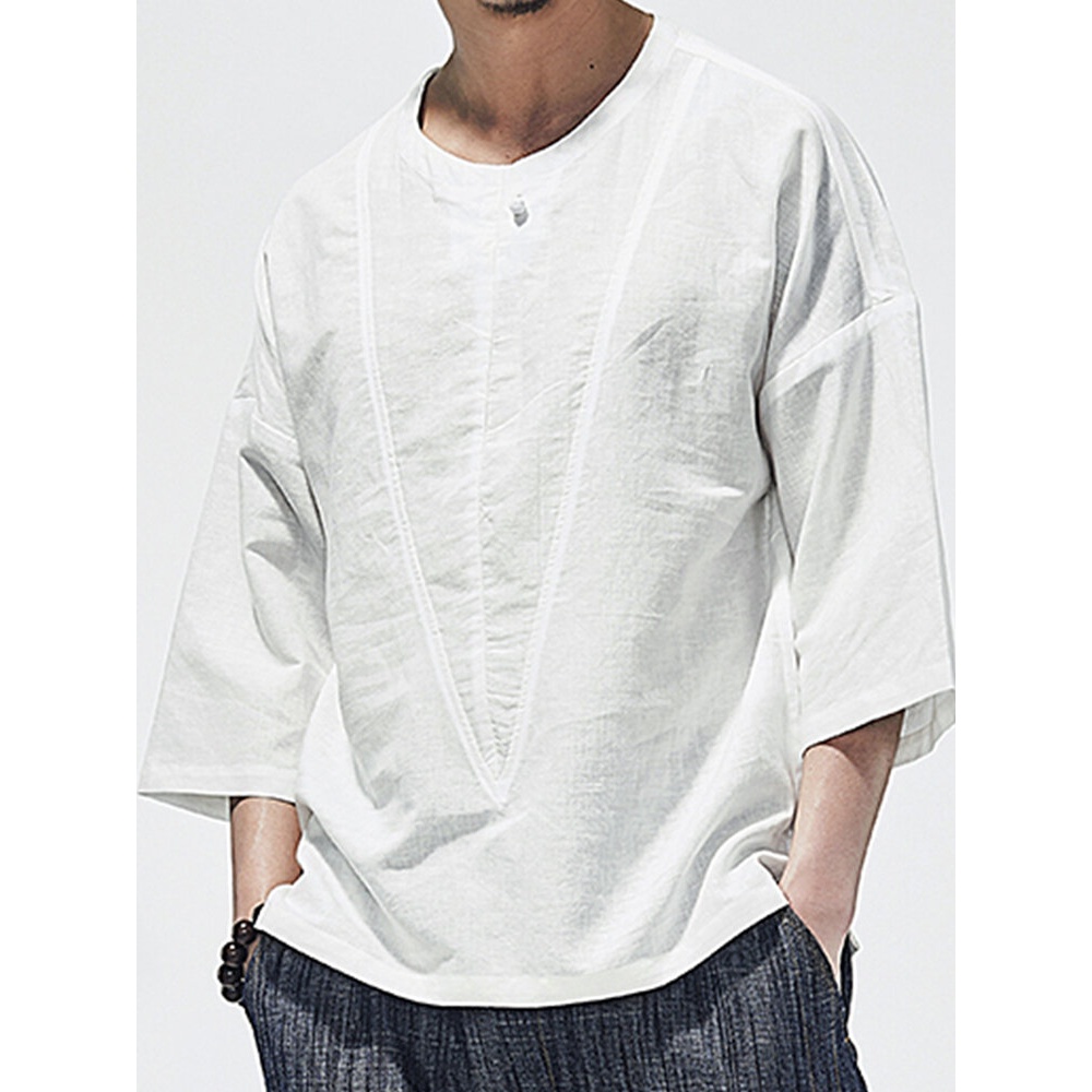 Mens 100% Cotton Solid Henley Collar Mid Sleeve Shirts - White M