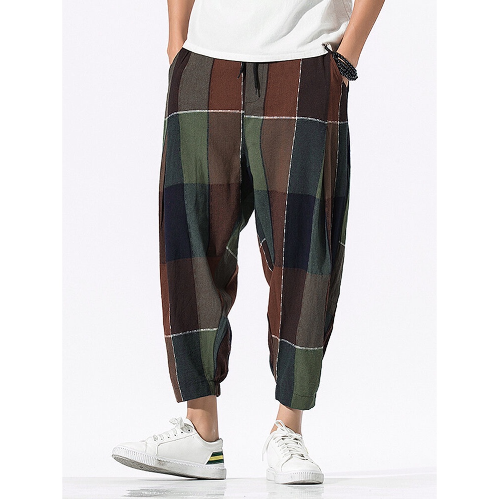 Mens 100% Cotton Plaid Drawstring Elastic Leg Casual Pants With Pocket - Green S