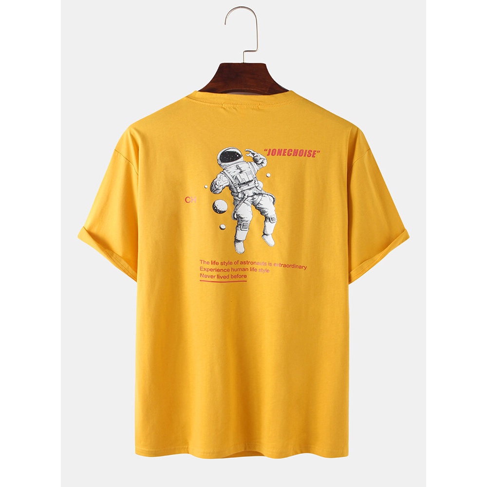 Mens Cartoon Astronaut Print Crew Neck Short Sleeve T-Shirts - White S