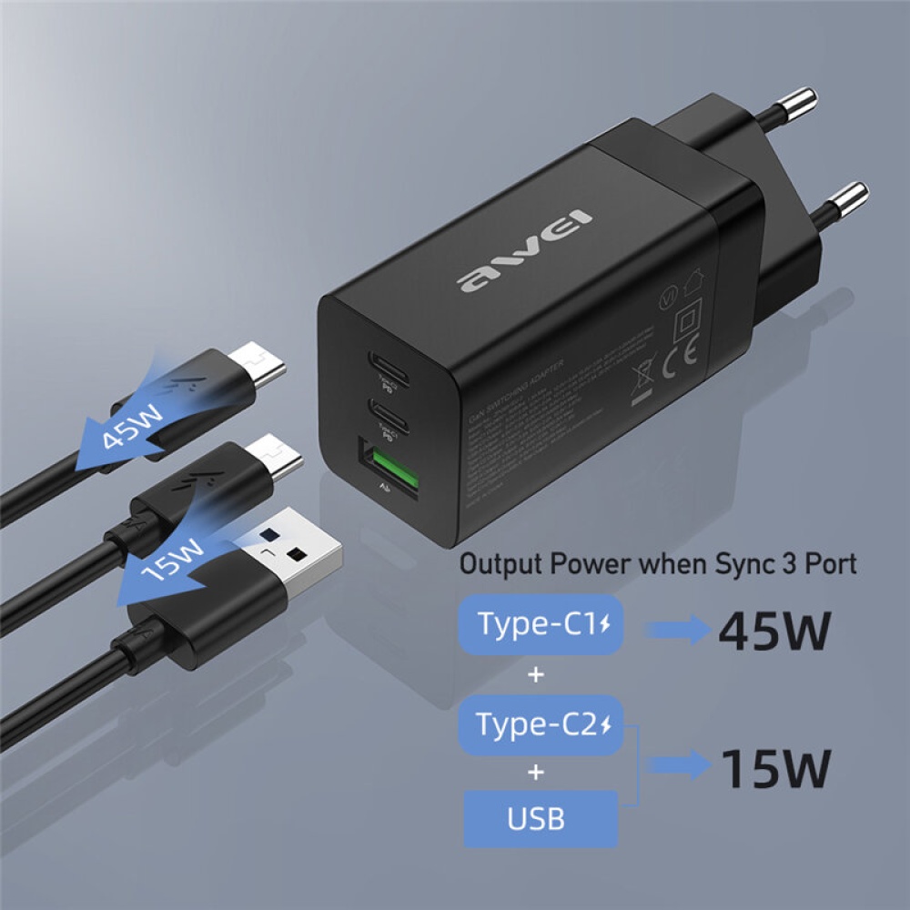 [GaN Tech] AWEI PD9 65W 3 Ports GaN Charger Dual 65W USB-C / 30W USB-A Output Fast Charging Wall Charger Adapter EU Plug For iPhone 13 Pro Max 13 MIn - Image 2