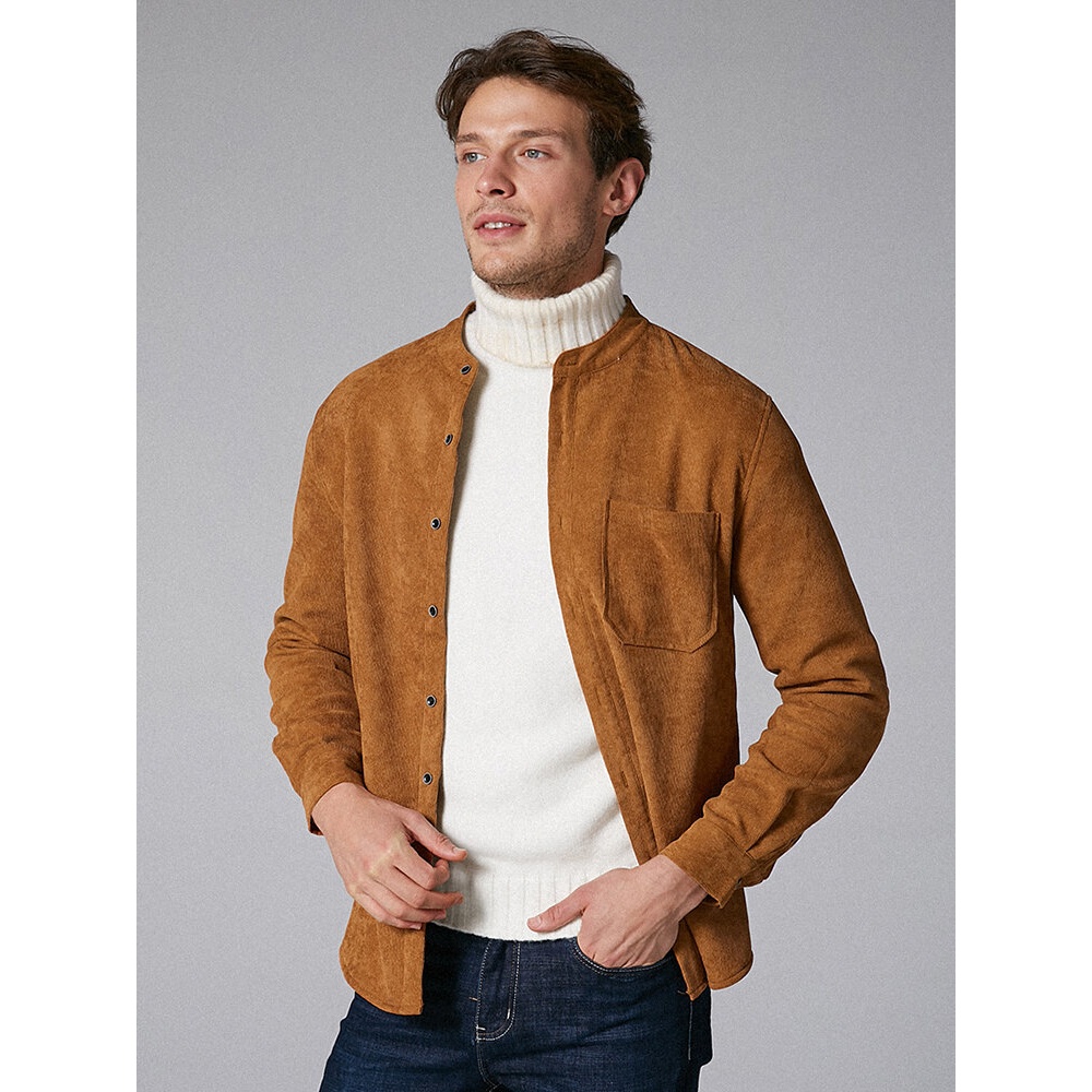 Mens Corduroy Vintage Multi Practical Pockets Turn Down Collar Casual Shirts - 3XL Khaki
