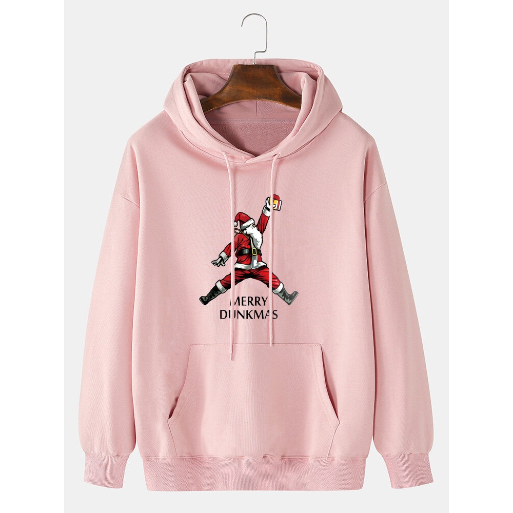 Mens 100% Cotton Funny Santa Claus Print Solid Color Drawstring Hoodie - Khaki XL