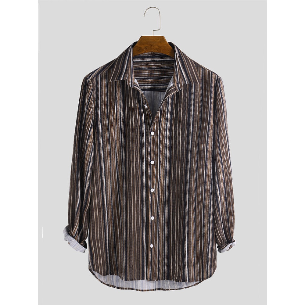 Mens Ethnic Stripe Print Buttons Fly Breathable Long Sleeve Casual Shirts - Purple M