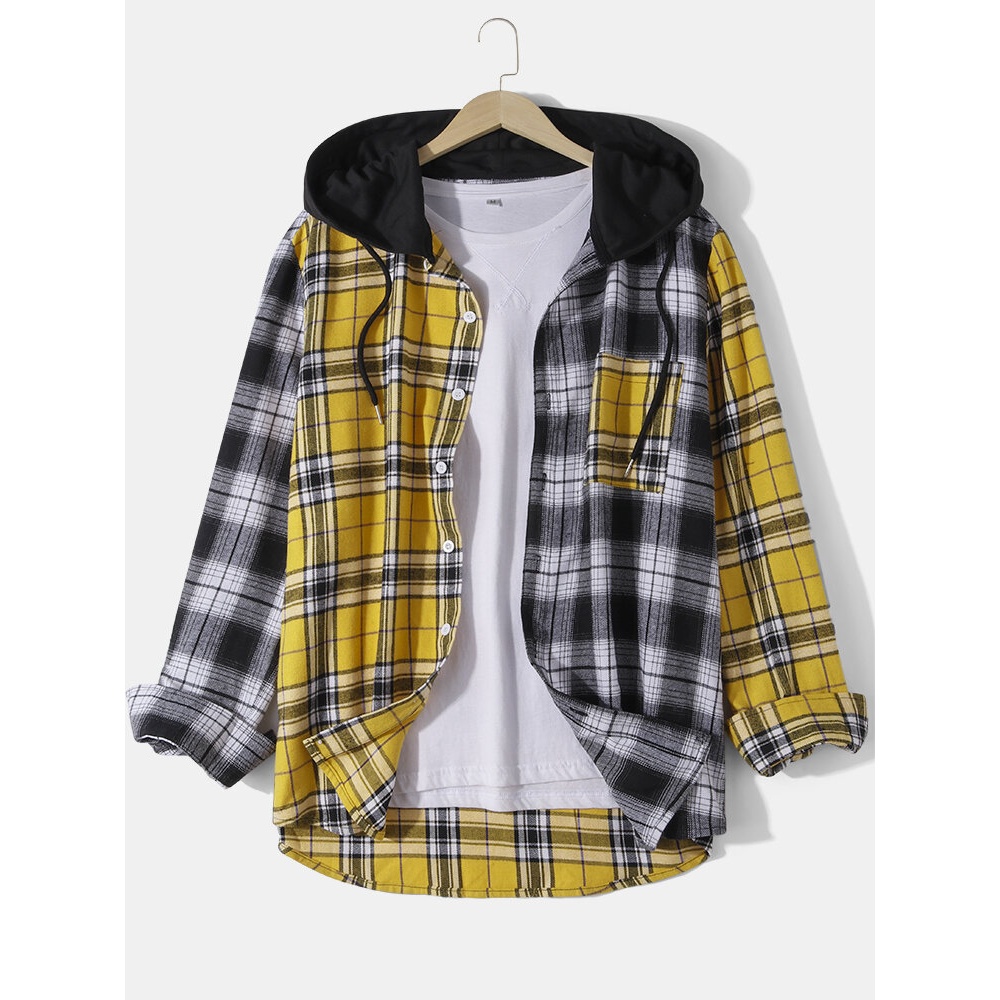 Mens Contrast Plaid Patchwork 100% Cotton Long Sleeve Hooded Shirts - Yellow S
