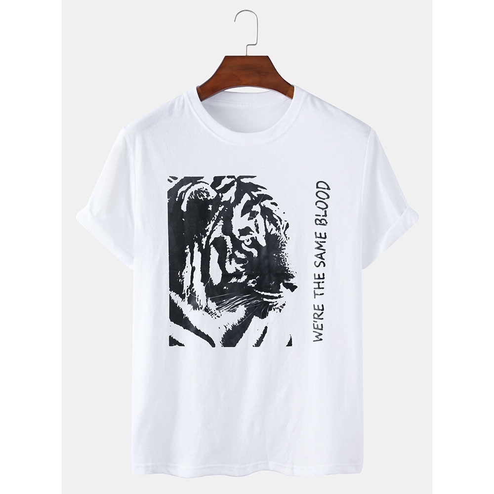 Cotton Tiger Pattern Slogan Print Round Neck Loose Short Sleeve T-Shirts - White L
