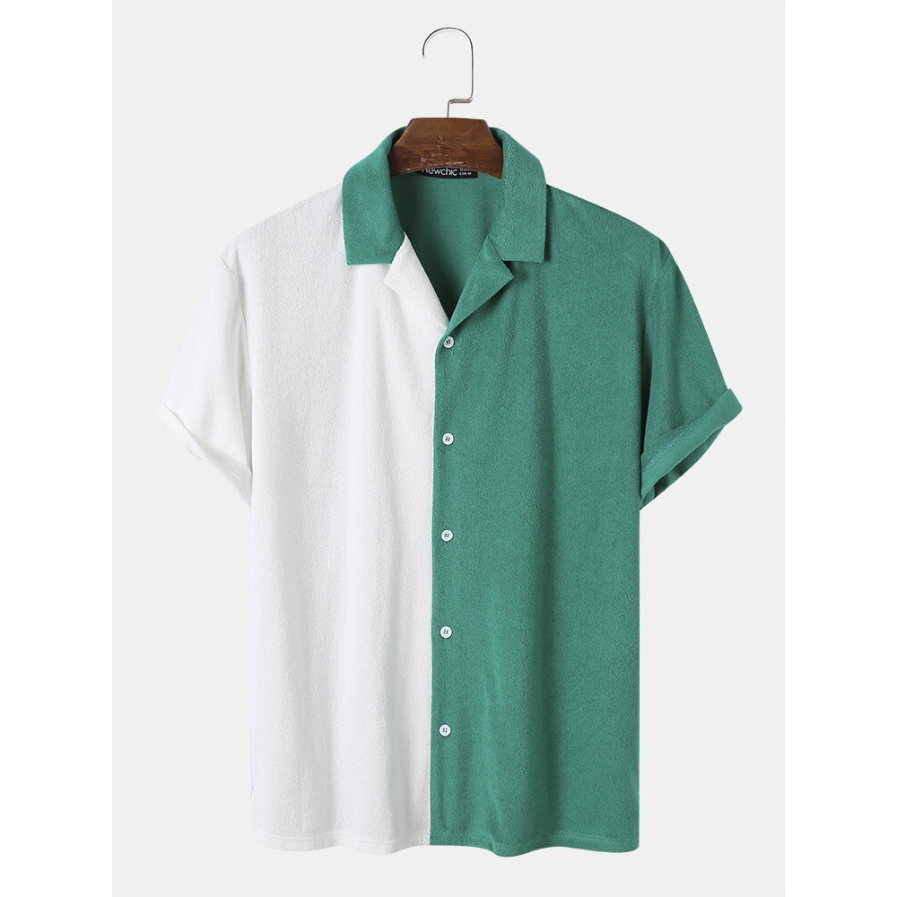 Mens Casual Towelling Two Tone Patchwork Revere Collar Shirts - Green S