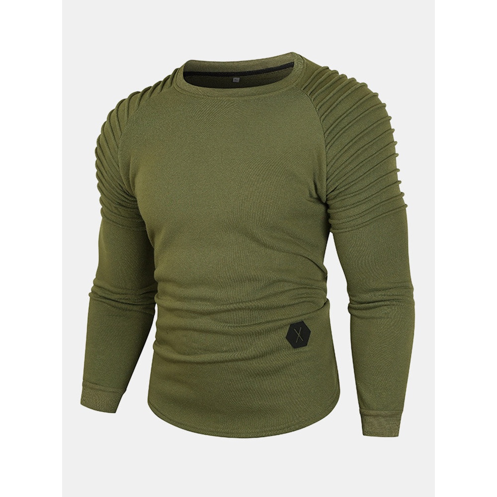 Men Solid Fleece Pleated Crew Neck Casual Pullover Sweatshirt - Black M