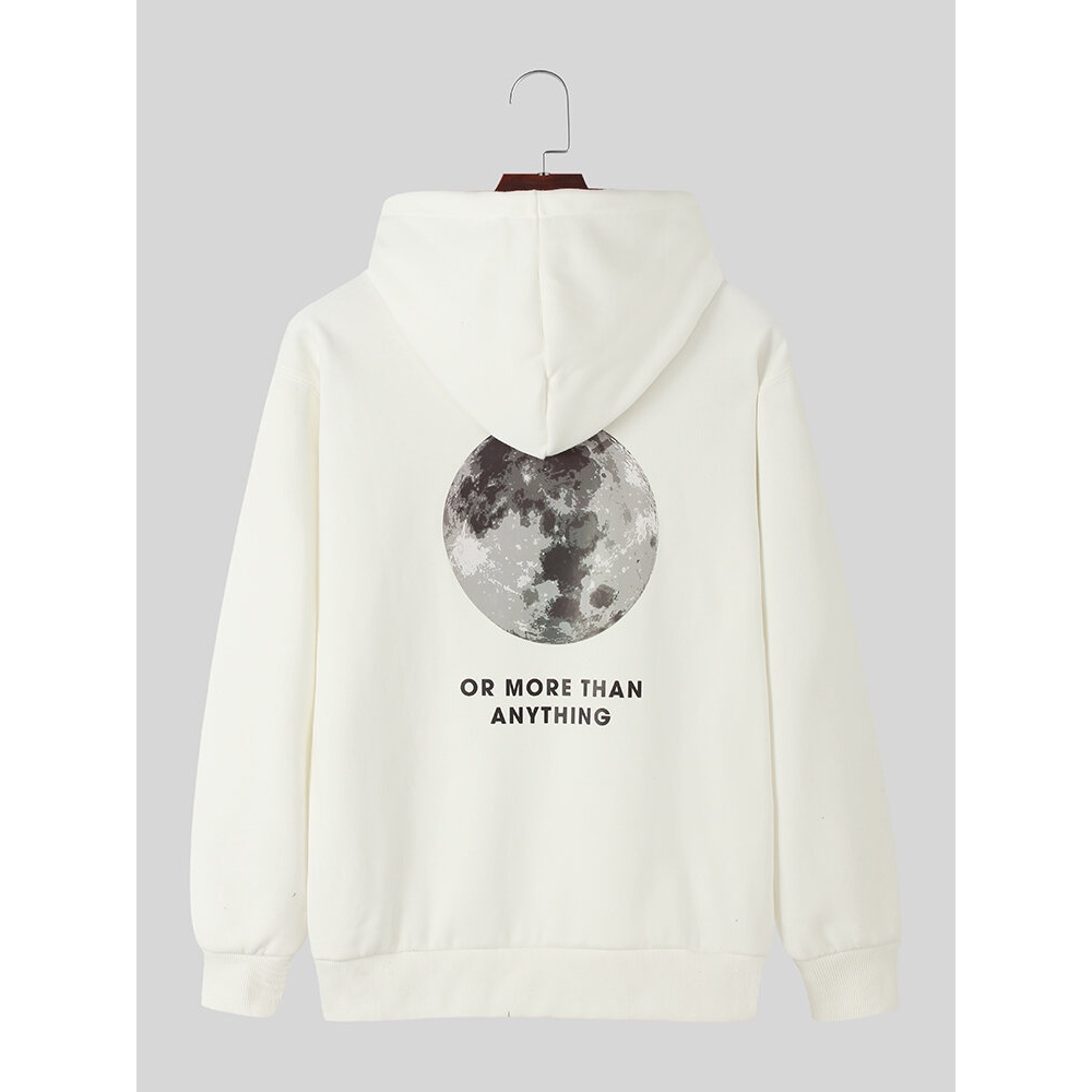 Mens Back Moon Graphic Slogan Plush Lined Warm Cotton Drawstring Hoodies - White L