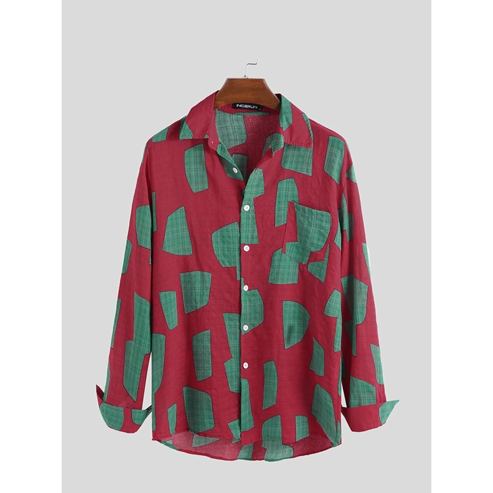 Mens Hawaiian Beach Long Sleeve Shirt Linen Hippy Casual Tops Holiday Tee Shirts - M Red