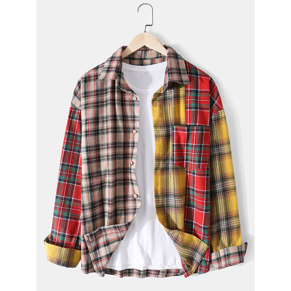 Mens Plaid Patchwork Lapel Cotton Casual Long Sleeve Shirts With Pocket - S Khaki