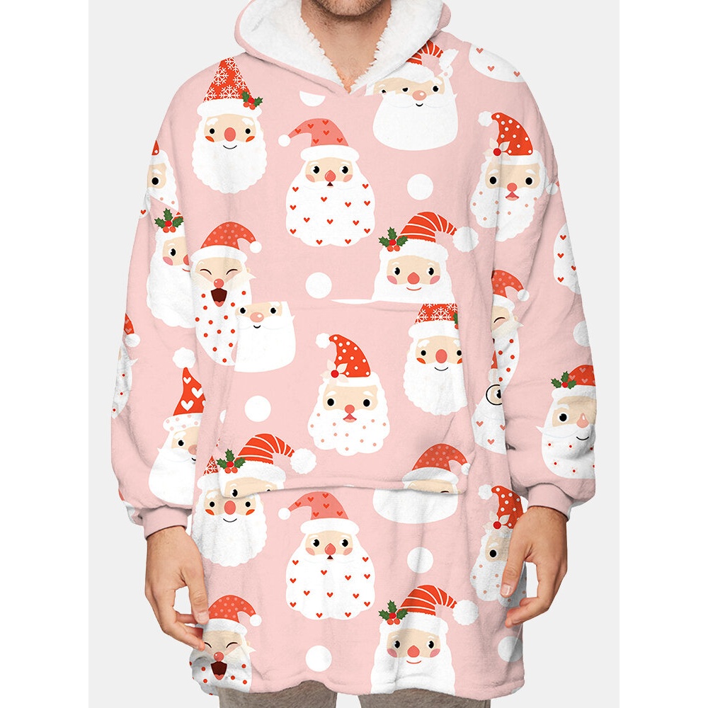 Mens  Cartoon Santa Claus Print Thick Fleece Lined Reversible Home Blanket Hoodie - Pink One Size