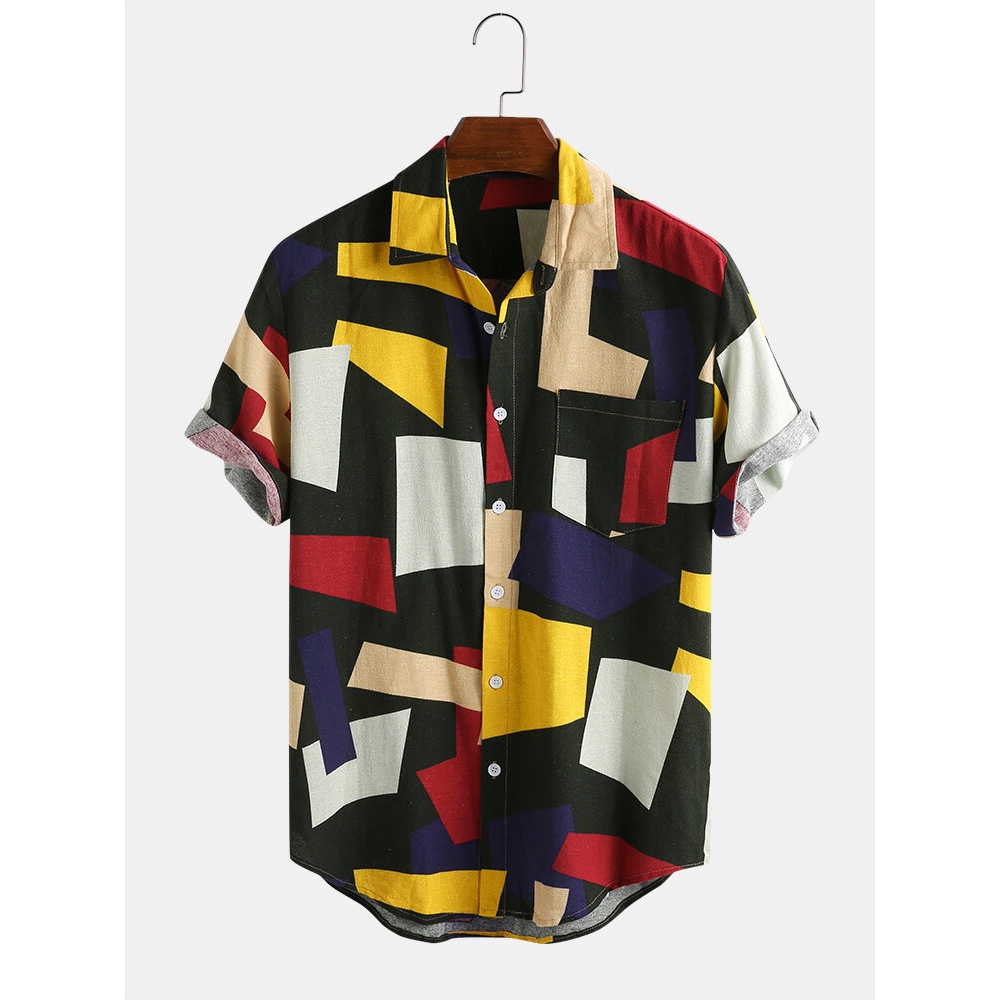 Mens Color Block Cotton Practical Pocket Short Sleeve Casual Shirts - Yellow 3XL