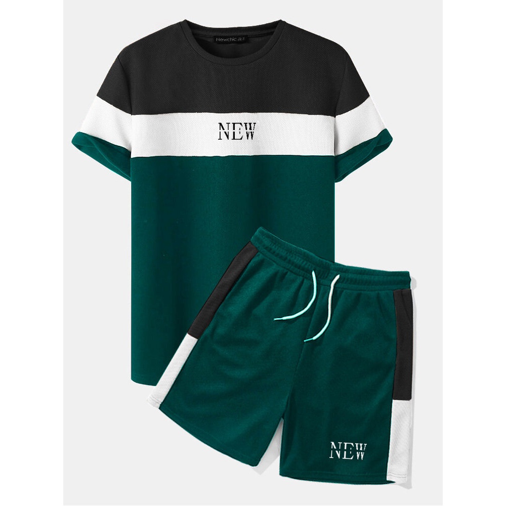 Mens Preppy Patchwork Letter Color Crew Neck Shirts Shorts Two Pieces Outfits - Yellow 2XL