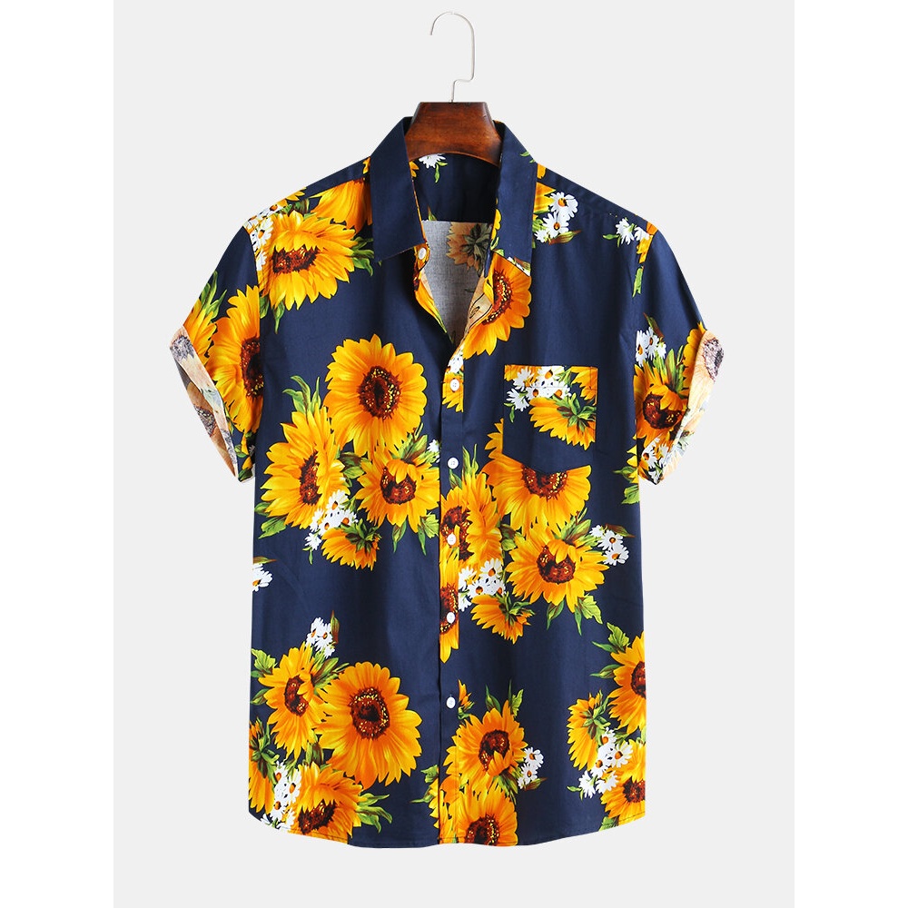 Mens Sunflower Printed Fit Loose Causal Shirts - S Black