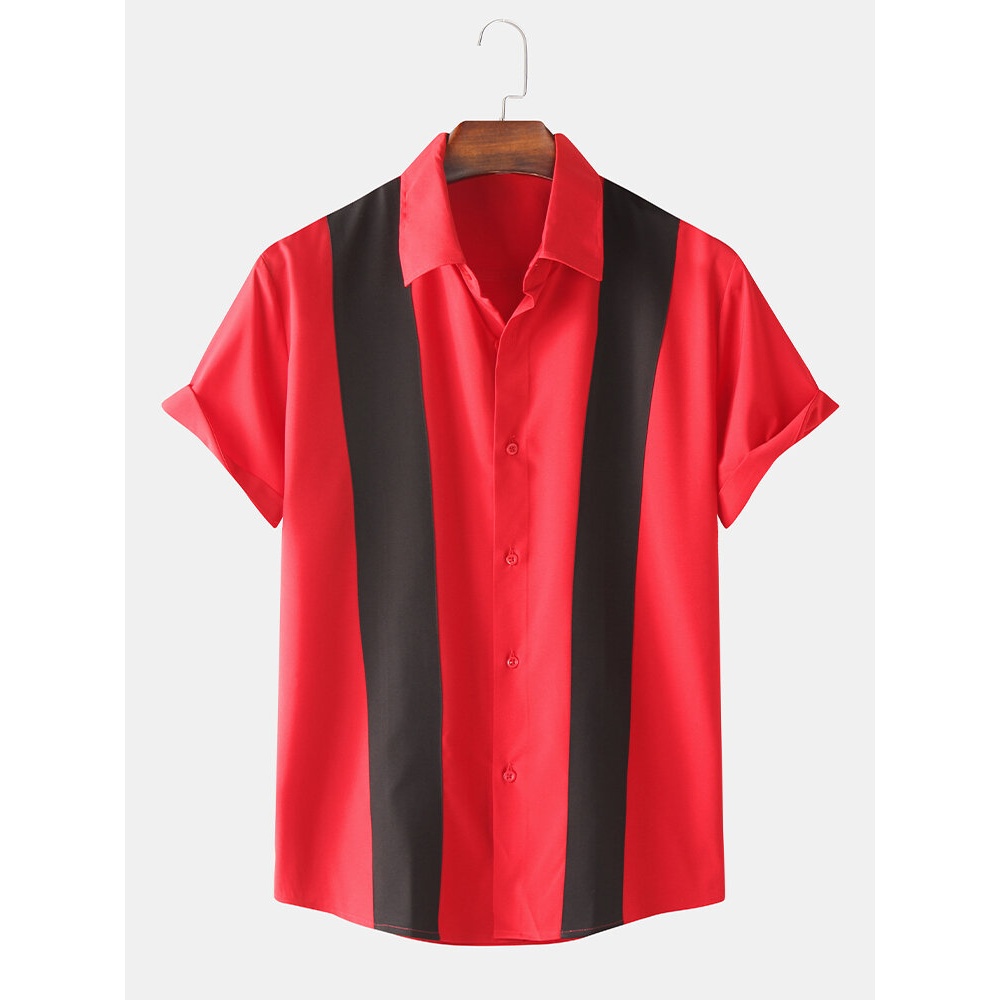 Men Fashion Patchwork Button Up Turn Down Collar Short Sleeve Shirts - Red M