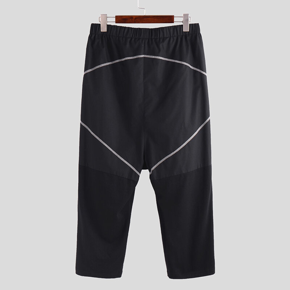 Men Line Cutting Stitching Solid Color Pants - S Black - Image 2