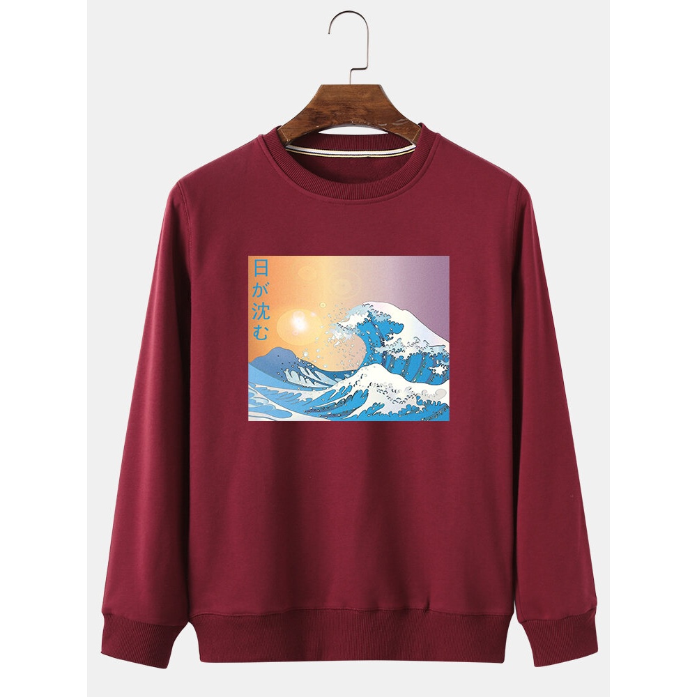 Mens Wave Landscape Print Ukiyoe Pullover Fleece Linning Ethnic Style Sweatshirts - Grey M