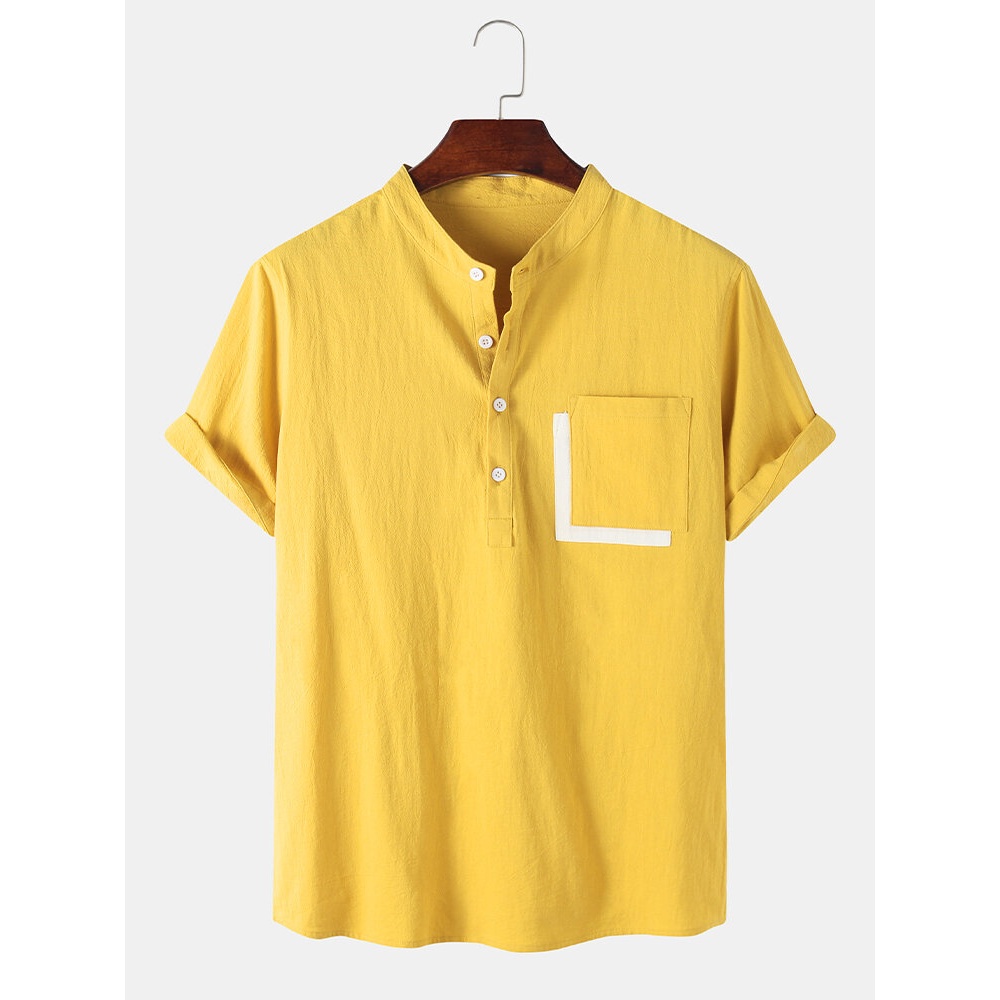 Mens Pocket Patchwork Solid Henley Collar Short Sleeve Shirts - White M