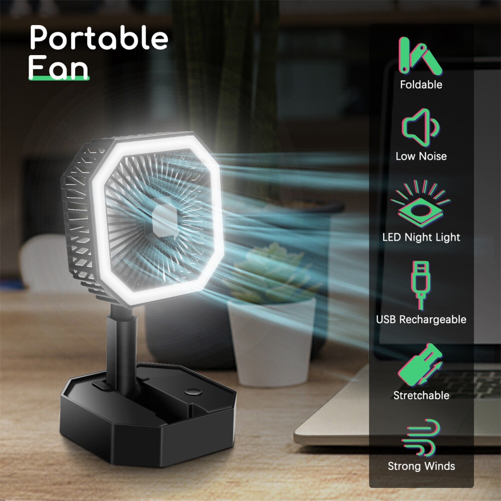 2-in-1 Mini Cooling Fan with Led Light Portable Foldable Adjustable Height Angle Usb Rechargeable Black - Image 2