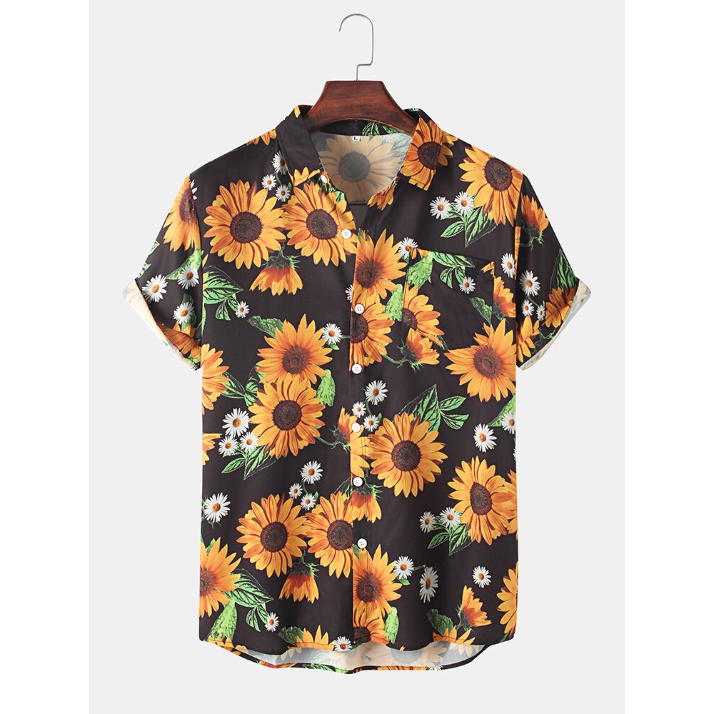 Mens Sunflower & White Daisies Print Lapel Short Sleeve Shirt - Black S