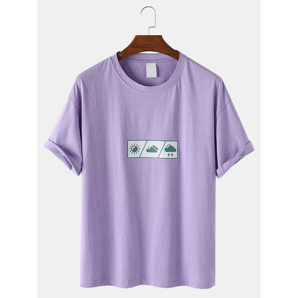 Mens Weather Print Cotton Crew Neck Loose Casual Short Sleeve T-Shirts - Red 2XL