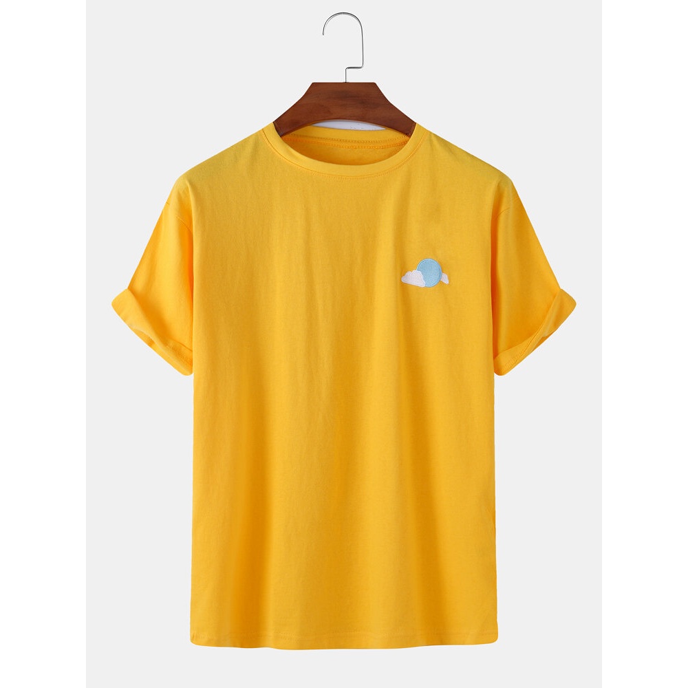 Mens Weather Symbol Embroidered Round Neck Casual Short Sleeve T-Shirts - White M