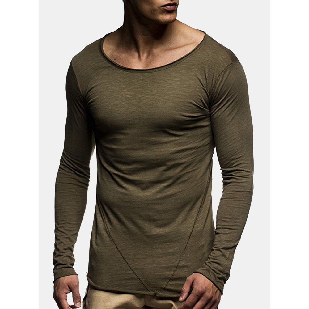 Mens Fashion Thin Solid Color O-neck Long Sleeve Slim Fit Casual Soft T-Shirts - XL Green