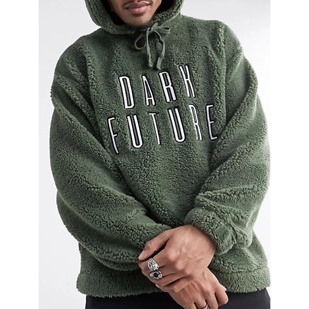 Mens Letter Embroidered Plush Fluffy Drop Shoulder Long Sleeve Hoodies - S Army Green