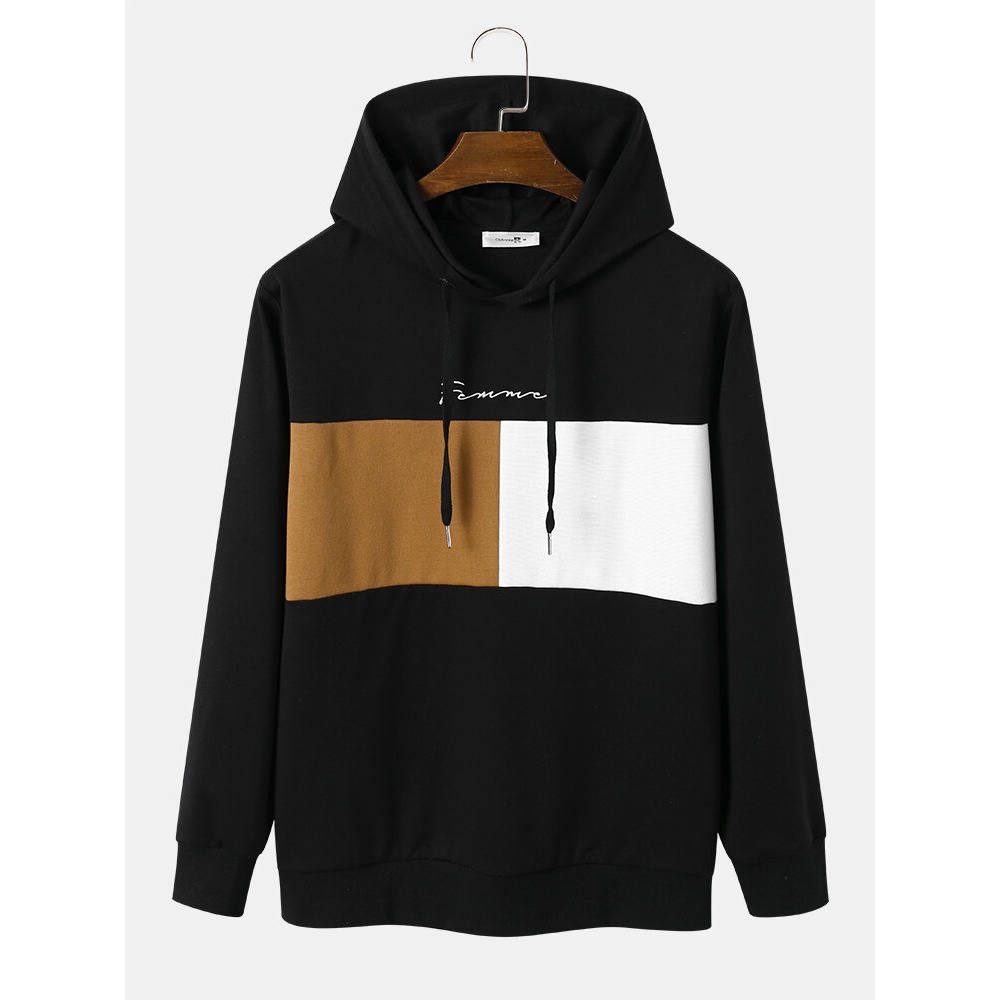 Mens Casual Drawstring Letter Color Block Hoodies - Black S
