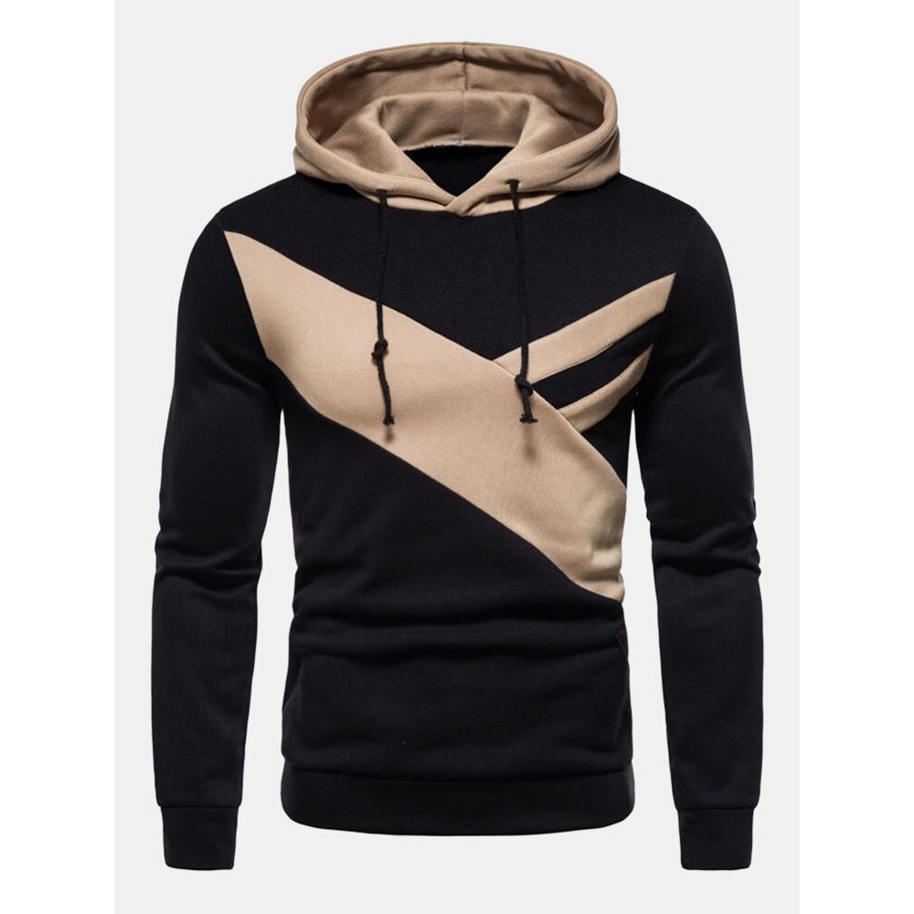 Men Patchwork Contrast Color Drop Shoulder Drawstring Casual Hooded Sweatshirt - Khaki L