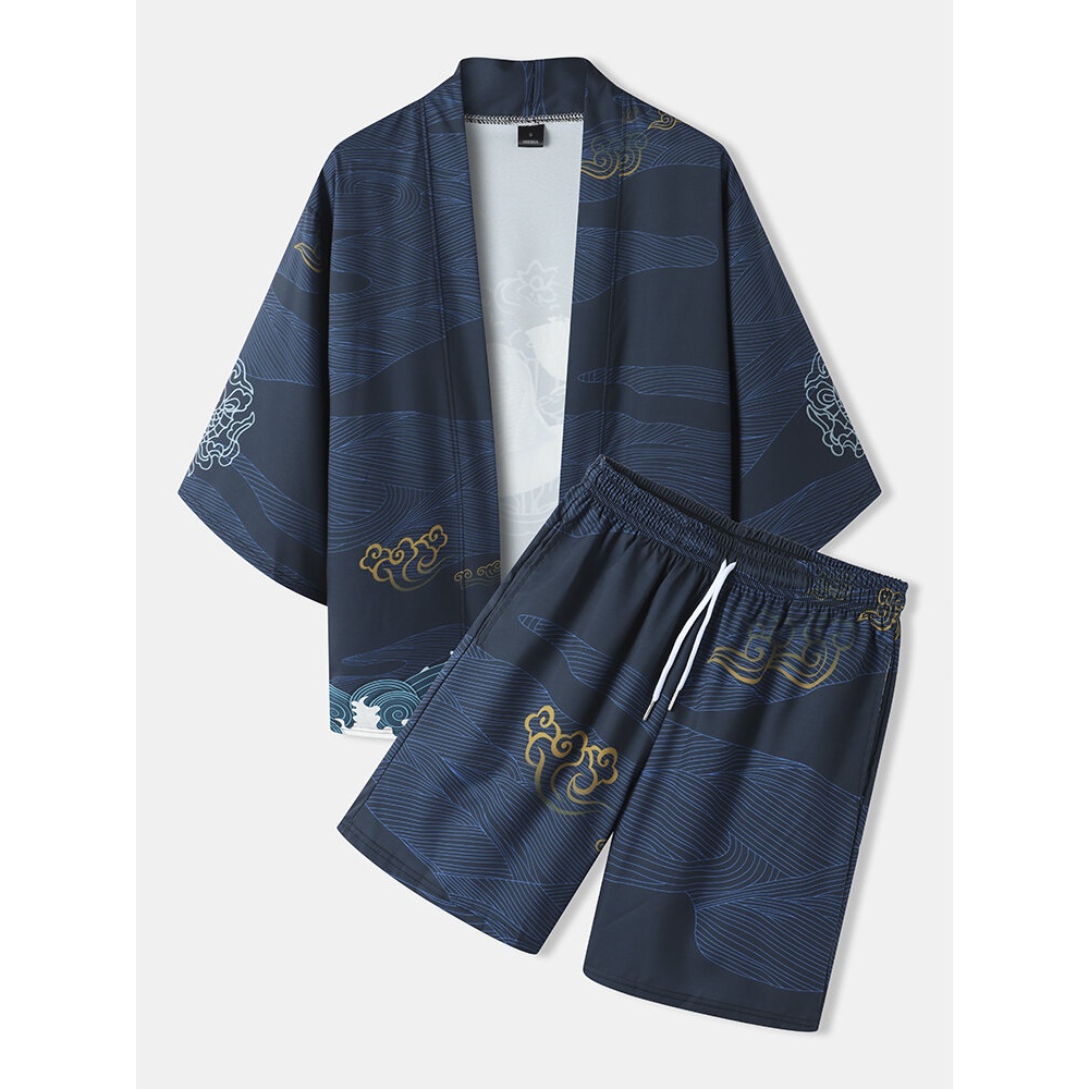 Mens Japanese Style Crane Back Pattern Open Front Kimono Two Pieces Outfits - Navy S
