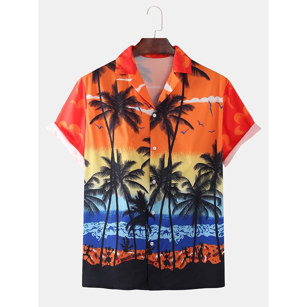 Jay Chou Mojito Same Style Beach Coconut Tree Landscape Print Short Sleeve Hawaii Casual Shirts - Orange 2XL