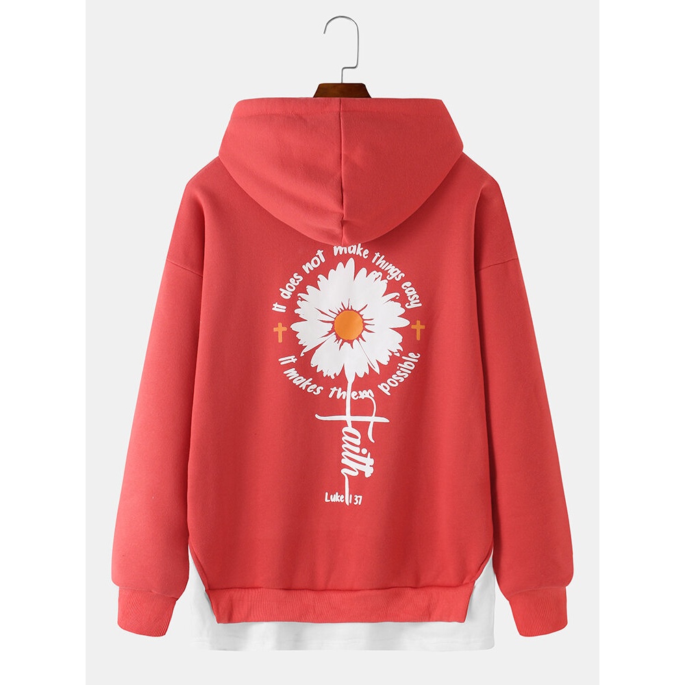 Mens Floral Print Patchwork Drop Shoulder Long Sleeve Drawstring Hoodies - Yellow 2XL