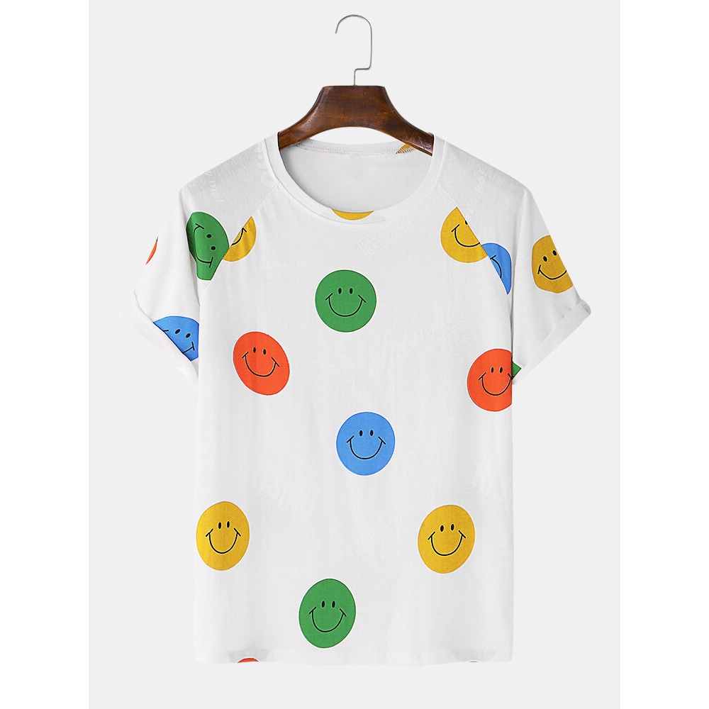 Mens Funny Cartoon Smile Face Printed Loose Short Sleeve Casual T-Shirts - Black L