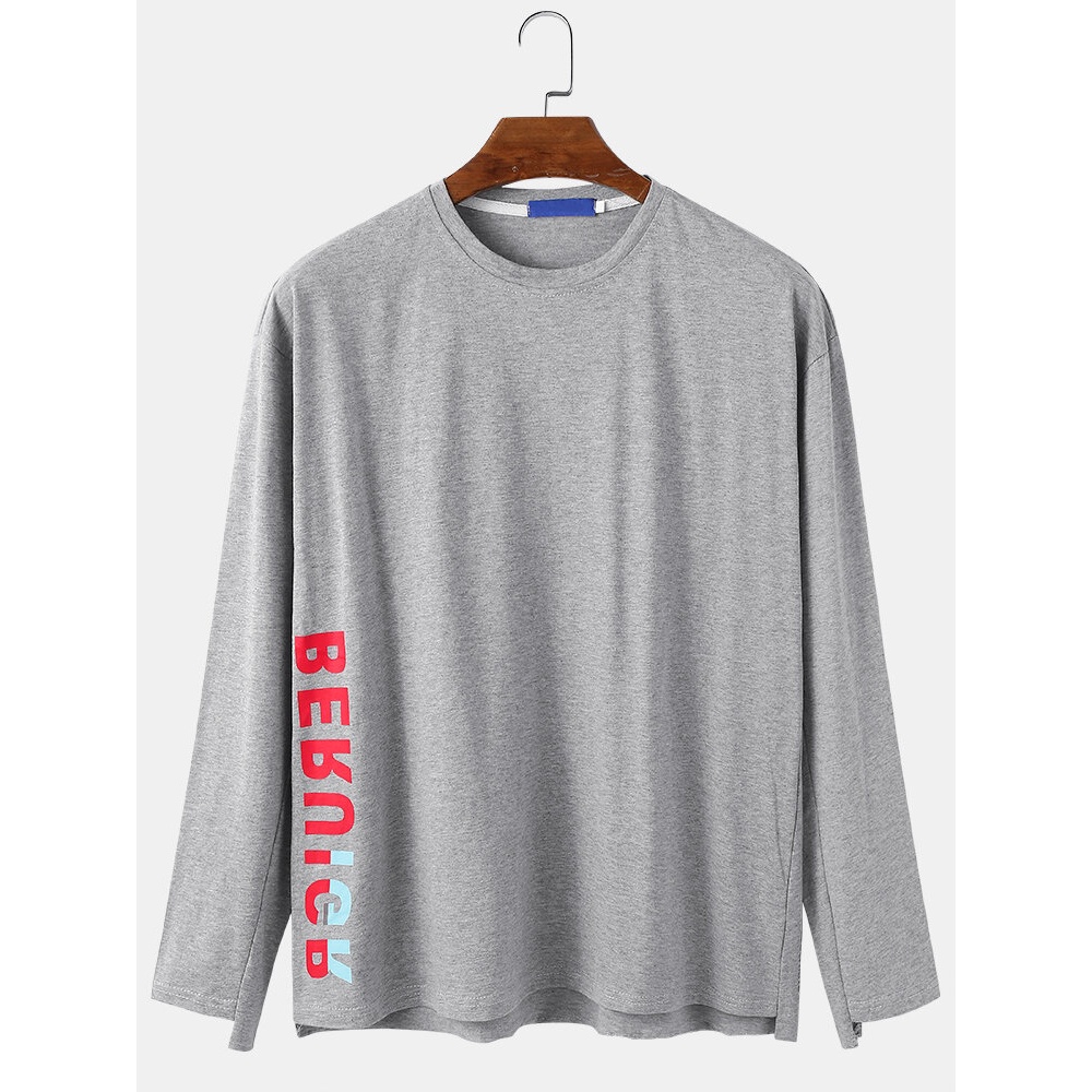 Mens 100% Cotton Letter Print Long Sleeve Loose High Low Hem T-Shirts - Grey L