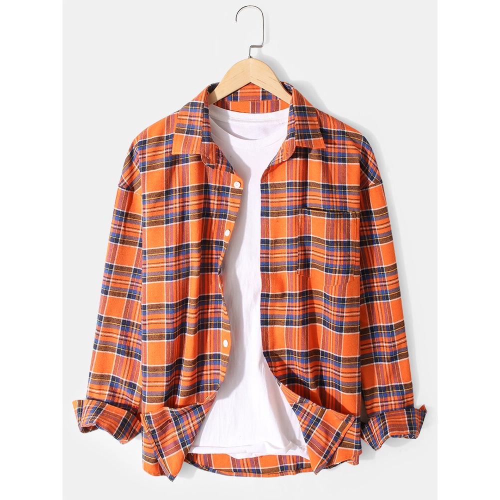 Mens 100% Cotton Plaid Lapel Chest Pocket Casual Long Sleeve Shirts - 2XL Orange