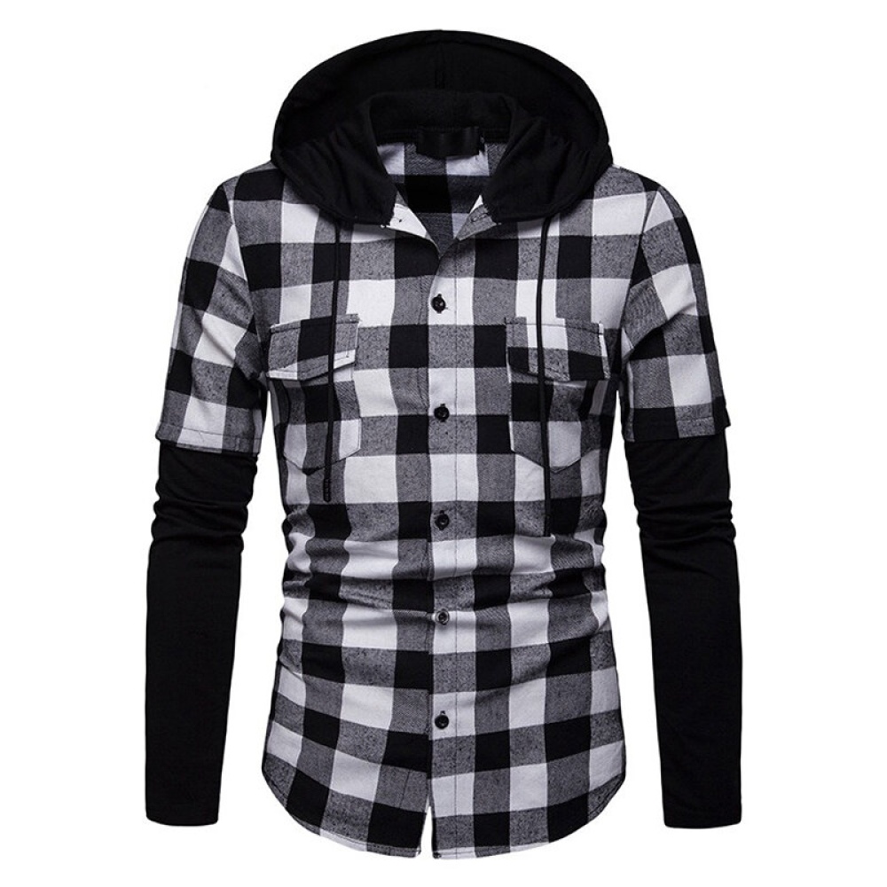 Men Plaid Hooded Patchwork Dual Pockets Shirts - S Red