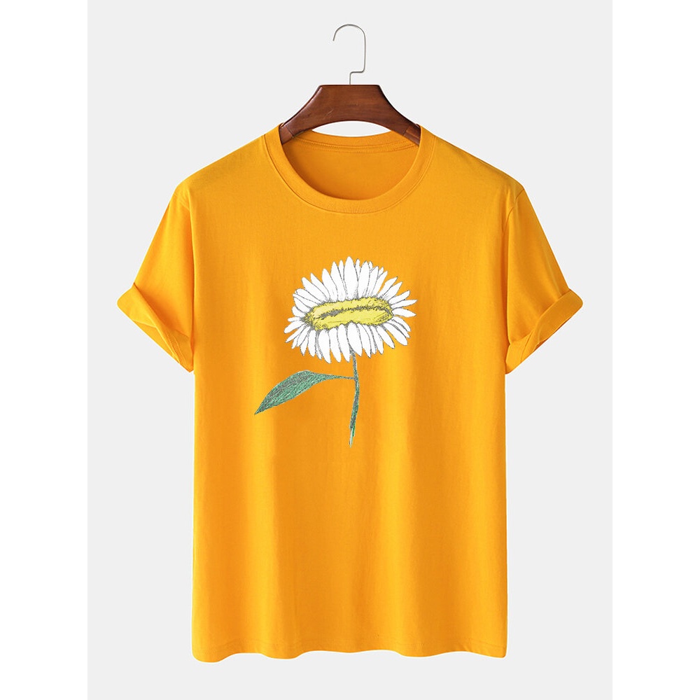 Mens Hand-Painted Flower Print 100% Cotton O-Neck Short Sleeve T-Shirt - Black S