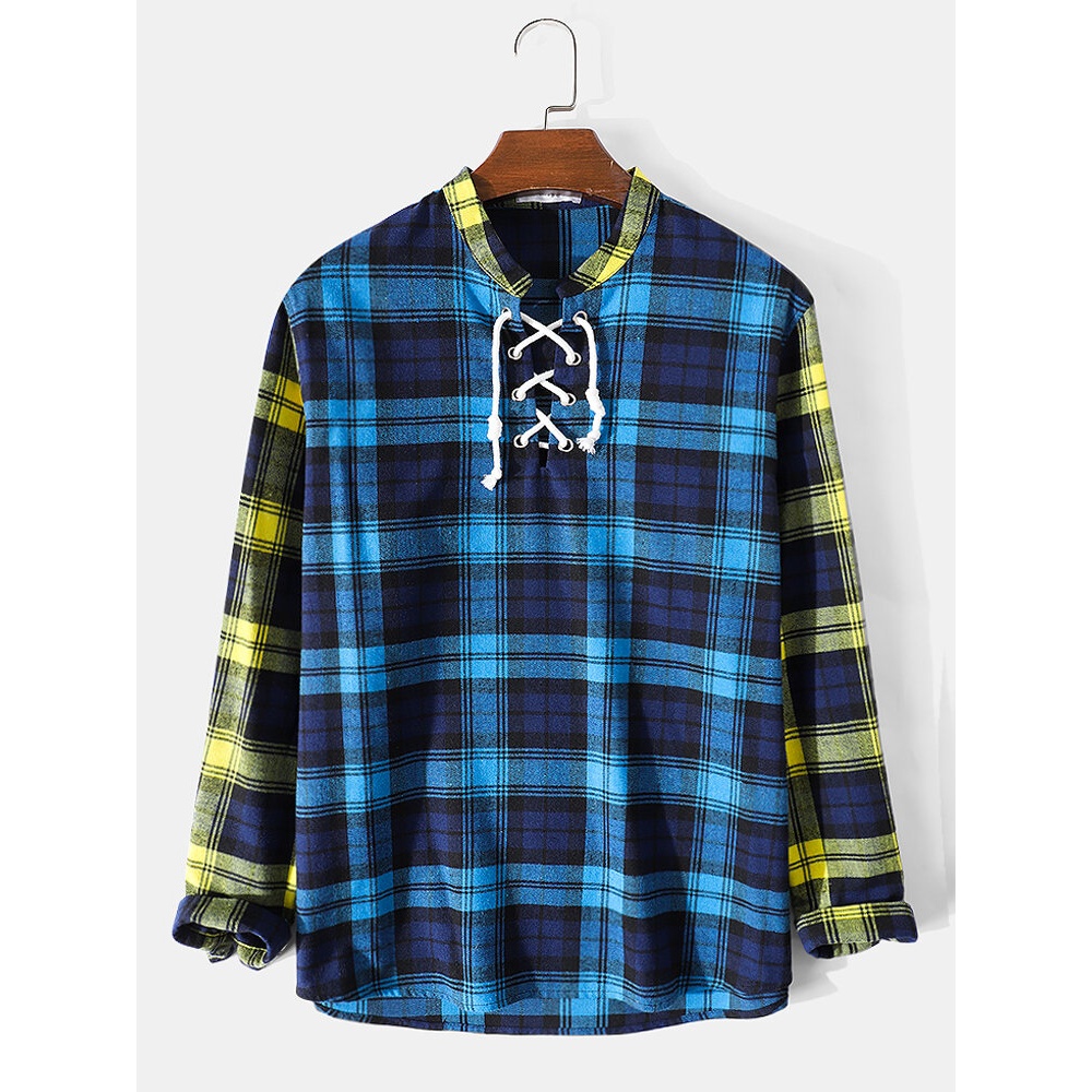 Mens Plaid Patchwork Drawstring Designer Long Sleeve T-Shirt - Blue S