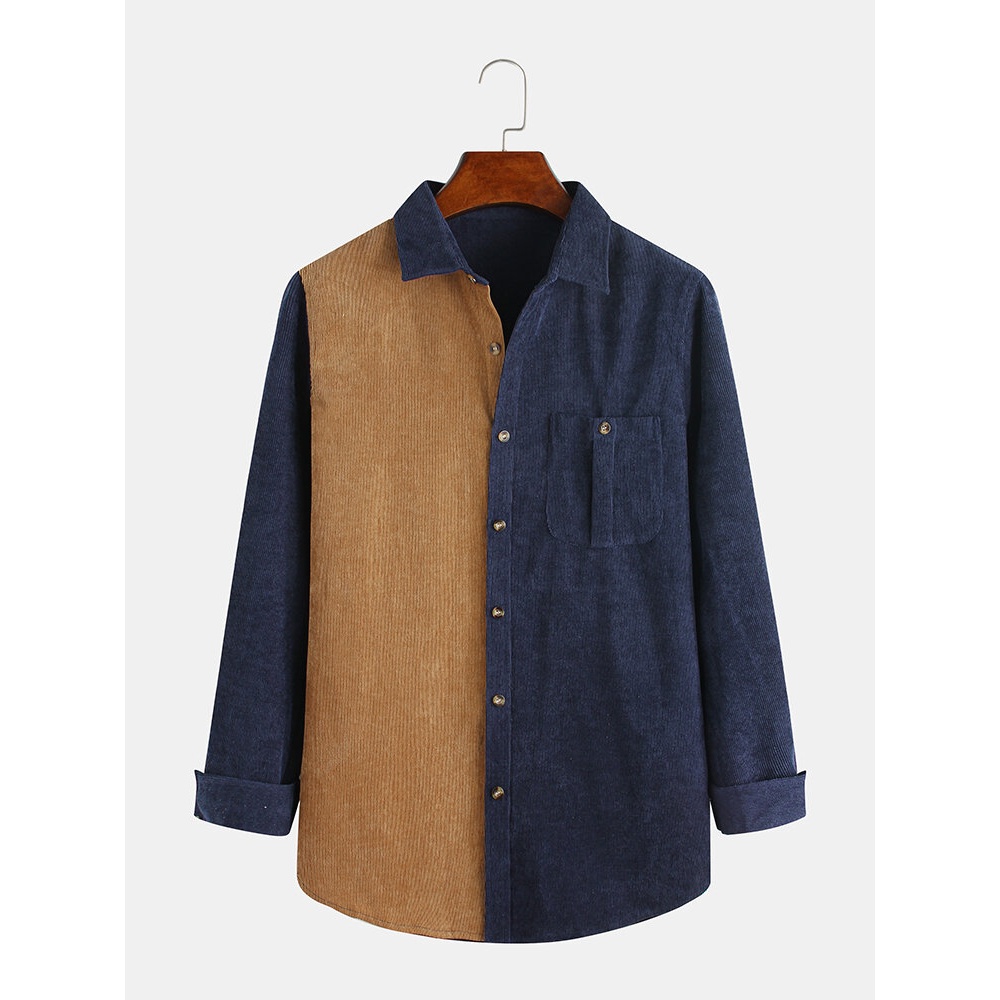 Mens Fahsion Corduroy Patchwork Pocket Long Sleeve Shirts - XL Green