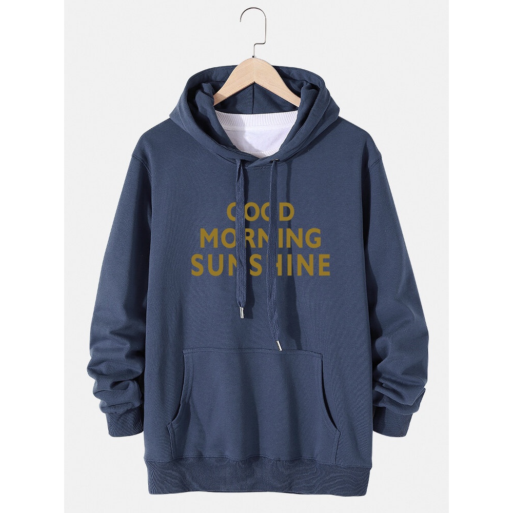 Mens Letter Slogan Print Cotton Casual Drawstring Hoodies With Pouch Pocket - Black L