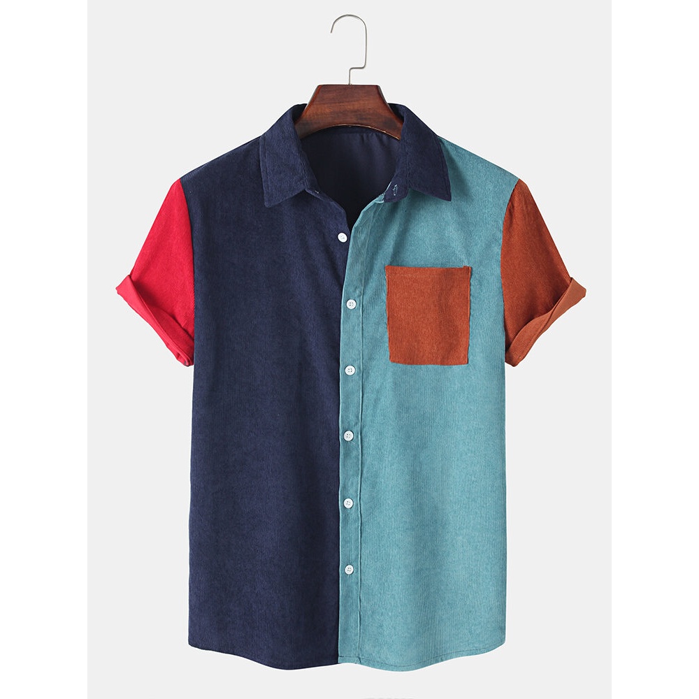 Mens Color Block Patchwork Lapel Corduroy Short Sleeve Shirts - Blue S