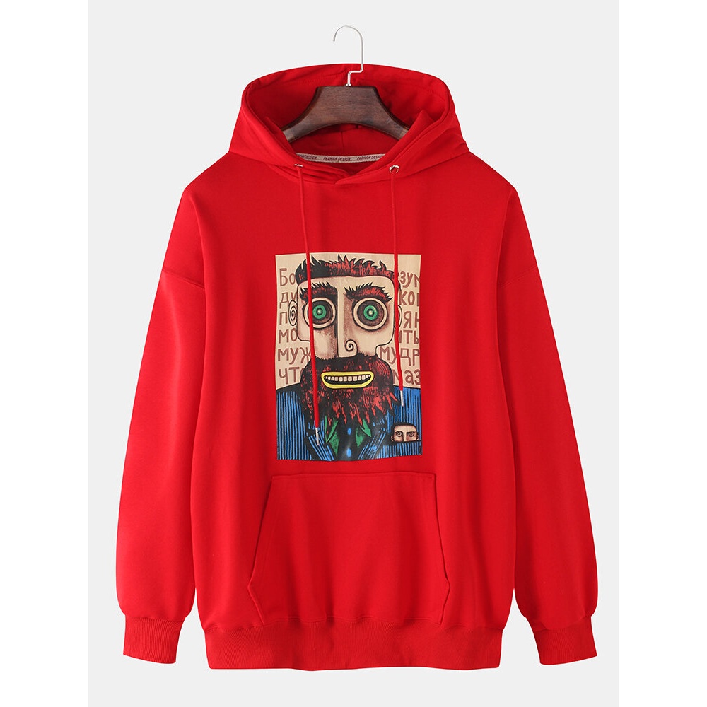 Mens Funny Figure Print Long Sleeve Drop Shoulder Kangaroo Pocket Drawstring Hoodies - Black L