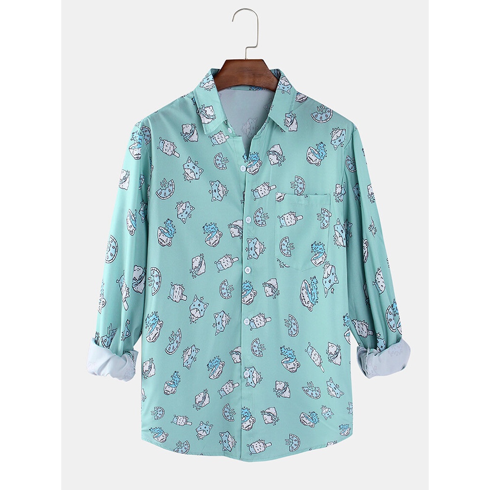 Men Funny Cartoon Print Long Sleeve Casual Shirts With Pocket - Green S