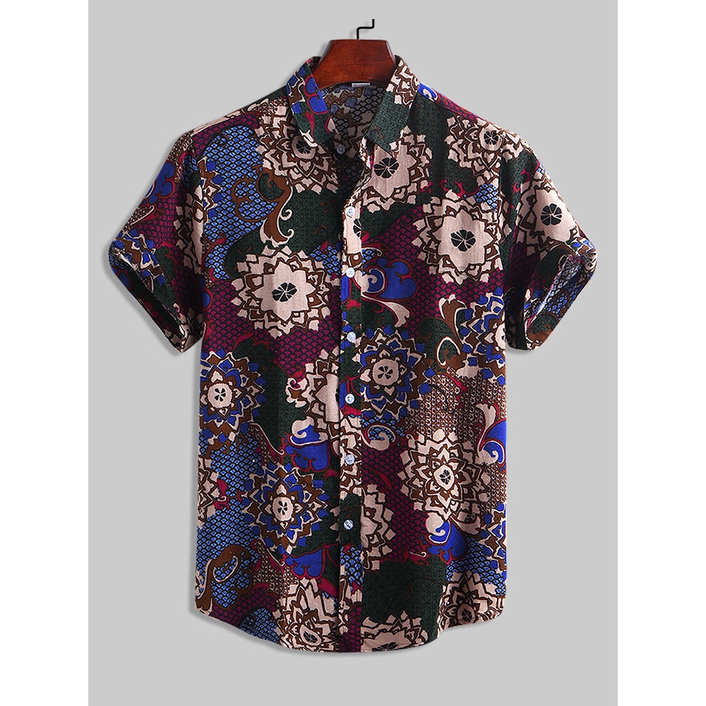 Mens Pattern Printing Cotton Breathable Ethnic Style Shirts - 2XL Red