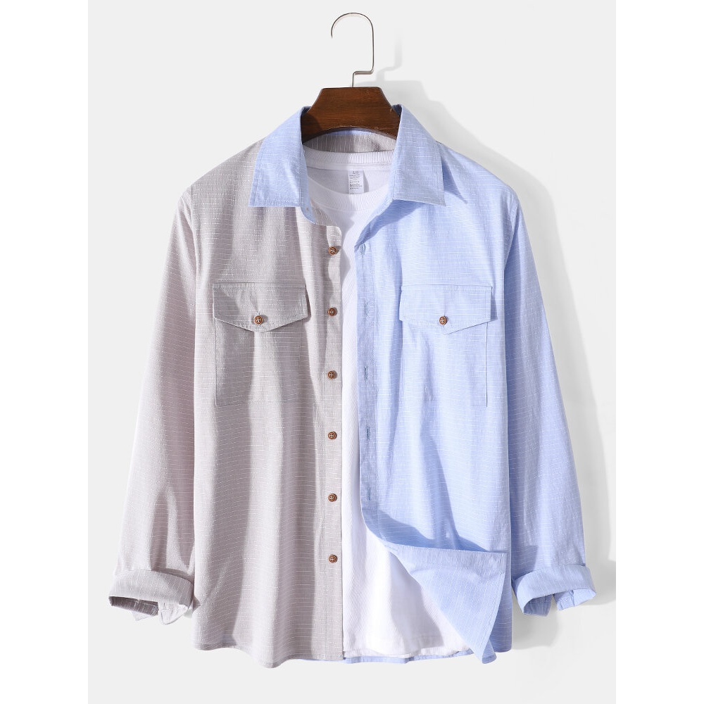 Mens Patchwork Striped Lapel Cotton Long Sleeve Shirts With Flap Pocket - Blue S
