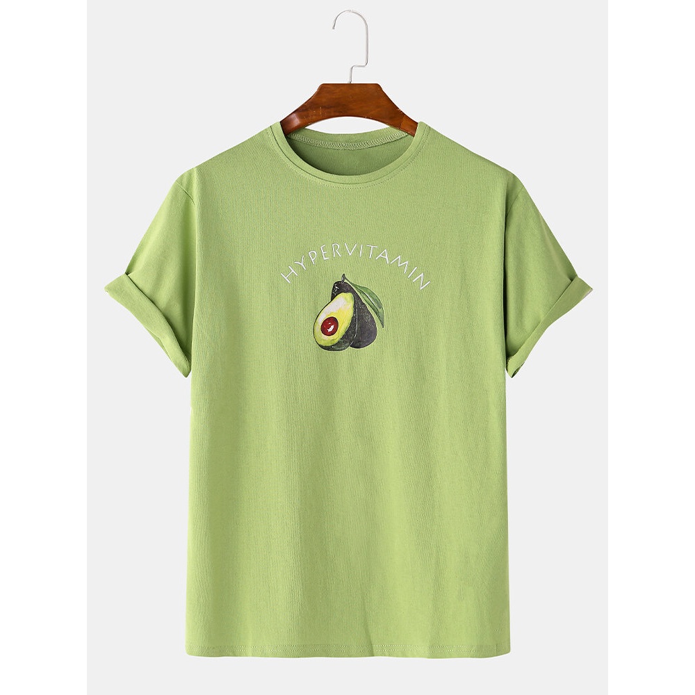 Mens Cotton Fruit Avocado Print Short Sleeve Breathable T-Shirts - White M