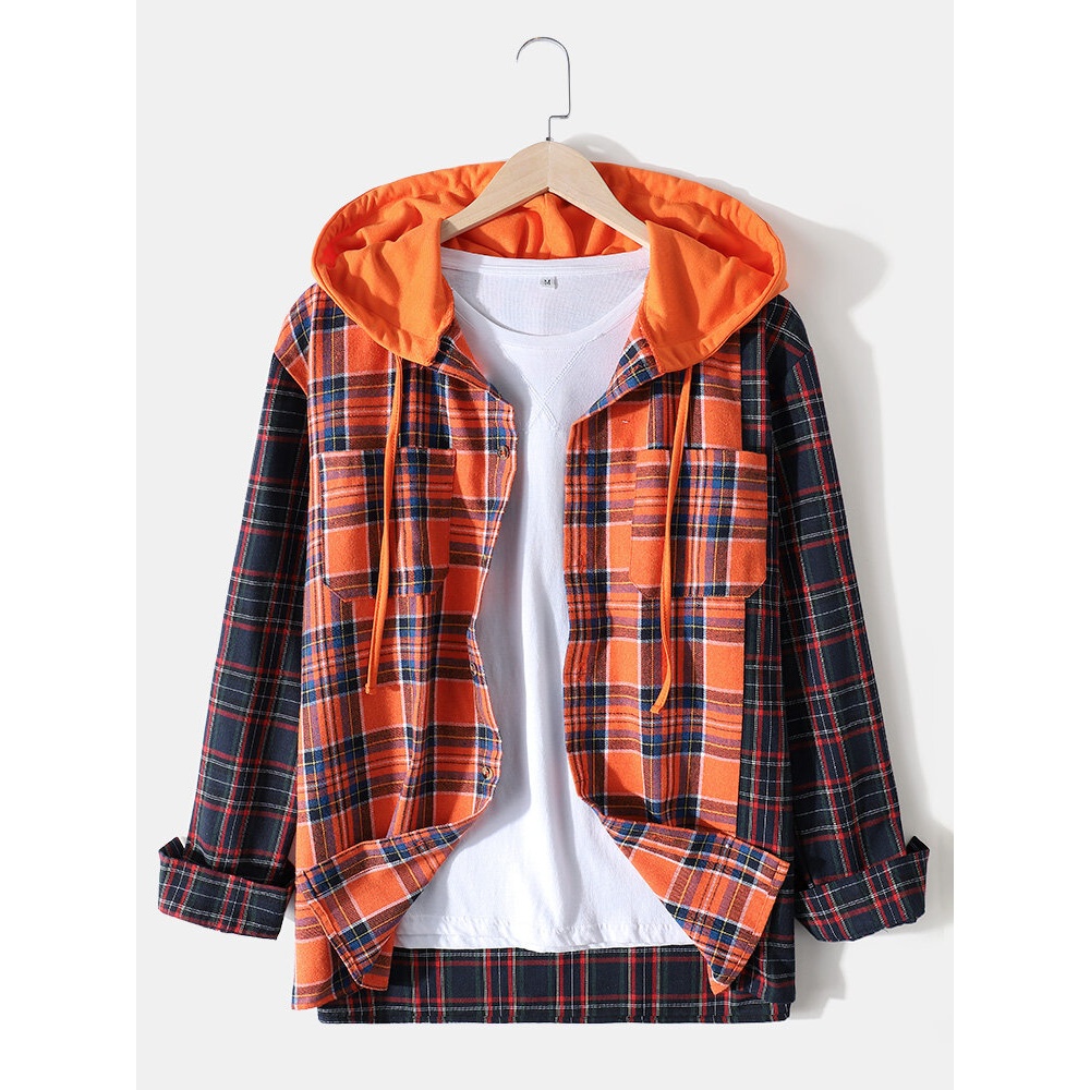 Mens Plaid Patchwork Double Pocket Cotton Long Sleeve Drawstring Hooded Shirts - Khaki S